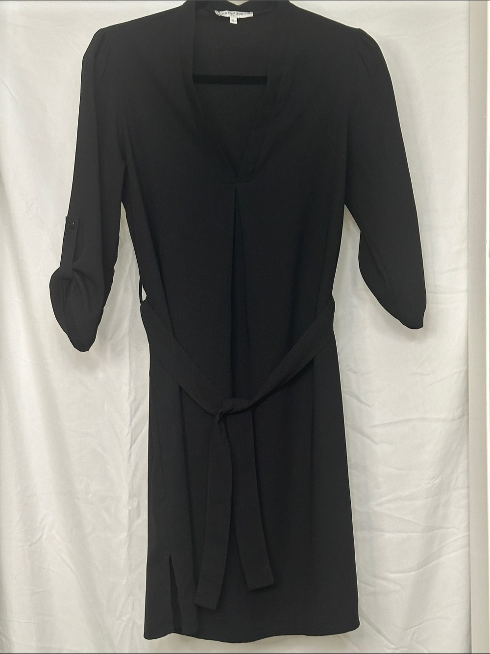Women's Black V-Neck Belted Midi Dress